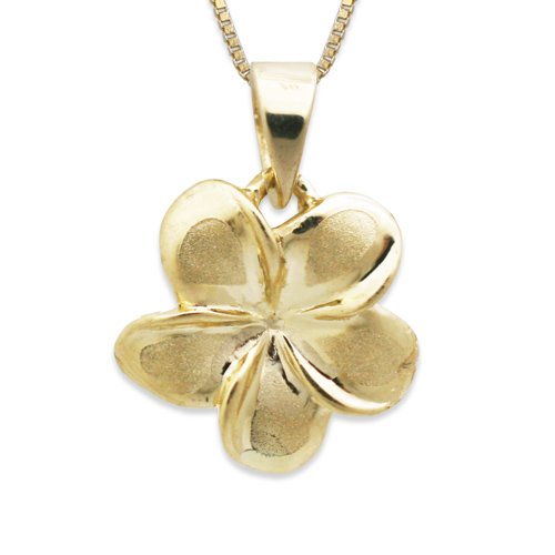 Plumeria Necklace Pendant in 14K Yellow Gold with Box Chain-11mm