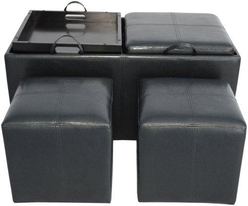 Global Distinctions 3-Piece Storage Ottoman Set with Tray Tables, Black