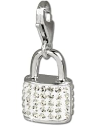 SilberDream Glitter Charm lock with white Czech crystals 925 Sterling Silver Charms Pendant with Lobster Clasp for Charms Bracelet, Necklace or Earring GSC514W