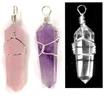 3 Double Terminated Wire Wrapped Pendant One Each of Amethyst, Quartz and Rose Quartz Pendants