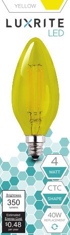 Luxrite LR21266 YELLOW LED Filament Candelabra Light Bulb, 4-Watt Equivalent to 40w incandescent, Bright Yellow Color, 350 Lumens, 15,000 Hr Life, E12 Candelabra Base