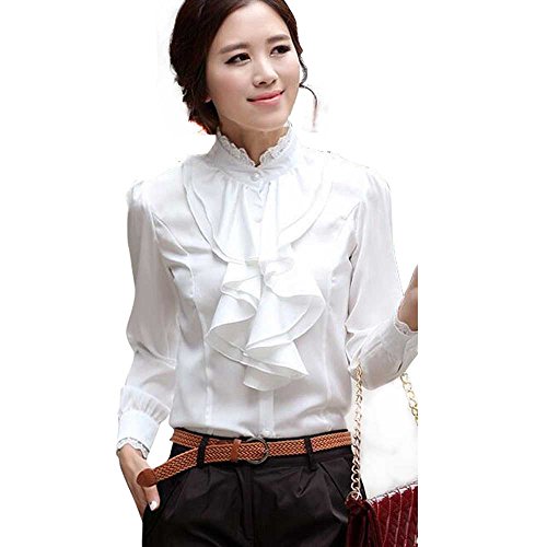 Women's Lace Ruffle Neck Long Sleeve Stand Collar OL Shirt Tops Blouse