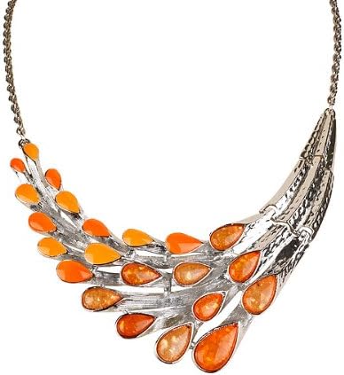 Silver Plated, Orange Feather Inspired Bib Style Fashion Necklace
