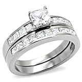 Princess Cut CZ Stainless Steel Engagement Wedding Ring Set