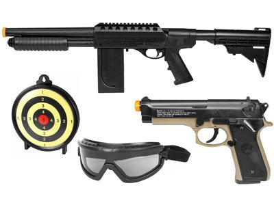 Crosman Tactical Recon Airsoft Kit with S32P Pump Shotgun, Stinger Pistol, Holster, Goggles and Gel Trap Target