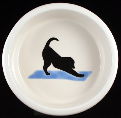 Fun Dog Bowl From Melia, Downward Dog Yoga Design 3 1/2 Cup Capacity ceramic dog bowl (can also view other sizes and designs)