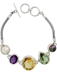 Sterling Silver Bali Style Byzantine Toggle Bracelet, w/ Black & White Pearls, 17mm Brilliant Cut Citrine, Oval Cut 13x11mm Amethyst & Pear Cut 16x12mm Green Amethyst (ALL NATURAL STONES), 3/4 inch (19 mm) wide