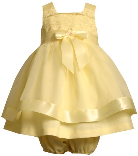 Bonnie Baby Linen Dress With Organza Overlay , Yellow, 18 Months