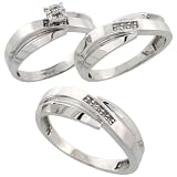 Sterling Silver 3-Piece Trio His (7mm) & Hers (6mm) Diamond Wedding Band Set, w/ 0.10 Carat Brilliant Cut Diamonds; Ladies Size 5