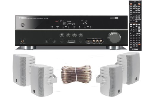 Yamaha 3D-Ready 5.1-Channel 500 Watts Digital Home Theater Audio/Video Receiver + Set of 4 Yamaha All Weather Indoor / Outdoor 120 watt Wall Mountable Natural Sound 2-way Acoustic Suspension Speakers with Exclusive Dual Tweeters - White & Paintable + 100f Yamaha 3D-Ready 5.1-Channel 500 Watts Digital Home Theater Audio/Video Receiver + Set of 4 Yamaha All Weather Indoor / Outdoor 120 watt Wall Mountable Natural Sound 2-way Acoustic Suspension Speakers with Exclusive Dual Tweeters - White & Paintable + 100f
