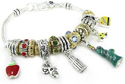 New York Pandora Inspired Multi Beaded Big Apple Statue Of Liberty Theater Yellow Taxi Subway Mask Silver &amp; Gold Two Tone Charm Bracelet