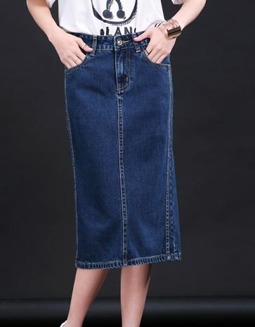 (ALLURE) タイト デニムスカート ペンシルスカート ミモレ丈 ひざ丈 スリット ブルー ライトブルー AF0510