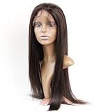 Full Lace Wigs Hand Made Human Hair Remy 100% Brazilian Virgin #1b Yaki Straight (10