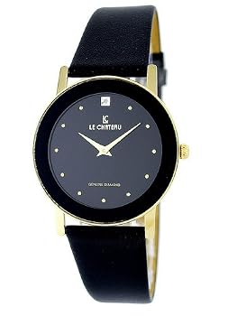 Le Chateau #5094M Men's Gold Tone Black Elegant Slim Leather Strap Watch