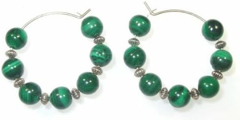 Malachite and Silver Beaded Hoop Earrings