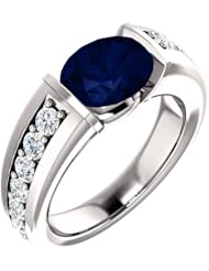 14K White Gold 9.00x7.00mm Oval Cut Chatham Created Sapphire and Diamond Ring -- LIFETIME WARRANTY