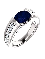 18K White Gold 9.00x7.00mm Oval Cut Chatham Created Sapphire and Diamond Ring -- LIFETIME WARRANTY