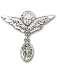 Sterling Silver Baby Badge with Miraculous Charm and Angel with Wings Badge Pin
