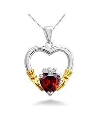 Simulated Garnet Gold Plated Sterling Silver Claddagh Necklace