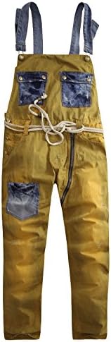 Men's Condole Belt Jumpsuit Fashionable Conjoined Long Pants Jeans (M, Yellow)