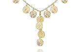 14K Yellow Gold Matte-Finish Hand-Crafted Textured Y-Shaped Necklace, Designed with Dangling Round-Shape Gold Stations, Enhanced with Bezel Set Diamonds.
