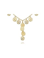 14K Yellow Gold Matte-Finish Hand-Crafted Textured Y-Shaped Necklace, Designed with Dangling Round-Shape Gold Stations, Enhanced with Bezel Set Diamonds.