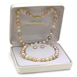 14k Yellow Gold 7-8mm Genuine Multi-color Pink Freshwater Pearl Necklace 18" Length Matching with 14k Yellow Gold Button Shape Stud Earring.