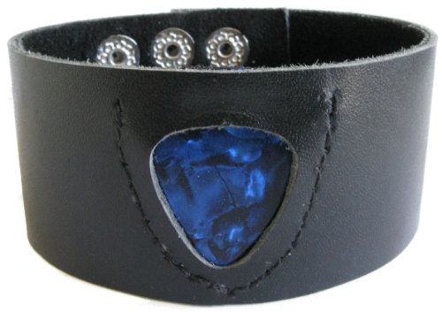 Adjustable Guitar Pick Holder with Blue Pearloid Guitar Pick Wide Leather Cuff Bracelet