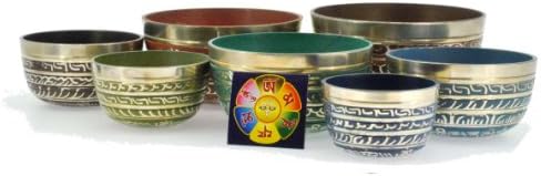 Tibetan Buddhist Multi Color Mantra Singing Bowl Set, Chakra Singing Bowl Set, Seven Bowls Per Set, Free Copyrighted Buddha Eye Tibetan Mantra Prayer Fridge Magnet