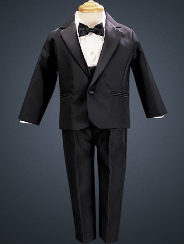 Black Single Breasted Tuxedo with Satin Notch Lapel. Satin Cummerbund and Bowtie.