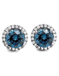 1.60ct Blue Round Diamond Stud Halo Earrings 18k White Gold