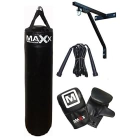 5pcs Punchbag Set, 5ft Black Rex Leather boxing punchbag , wall Bracket & FREE Gloves & chain
