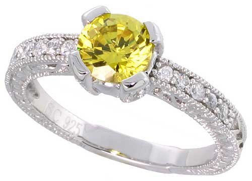 Sterling Silver Vintage Style Engagement ring, w/ a 6mm (.75 ct) Round Yellow Topaz-colored CZ Stones, 1/4″ (7mm) wide, size 9