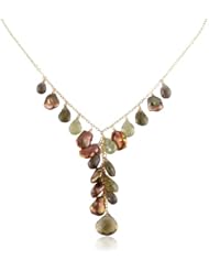 Grossular Garnet, Smoky Quartz and Gold Freshwater Keshi Cultured Pearl with Olive Quartz Heart Drop on Gold over Silver Chain Y-Shaped Necklace, 17"