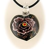 Purple Murano Glass Flower Heart Pendant 18 Inch Rubber Cord Necklace Sterling Silver Clasp