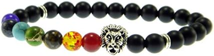 KOKY 7 Chakra Stone and Matte Black Stones Beaded Bracelet with Silver Lion Head