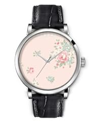 SPRAWL Aanalog Fashion Series Silver Ladies Watches of Genuine Black Leather Strap,Unique Wrist Watch for Women Girls Designed with Floral Pattern