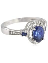 10k White Gold Oval and Round Created Blue Sapphire and Diamond Ring (1/12 cttw, J-K Color, I2-I3 Clarity)