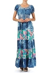 Tropical Print Tie Dye Print Cotton/Denim Cap Sleeves Shirred Tiered  Dress