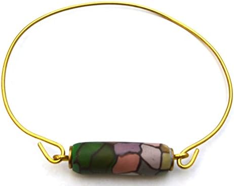 Double Barrel Polymer Bead © &amp; brass wire bangle bracelet, mossy camouflage polymer clay finish, bullet bead bracelet, bullet jewelry