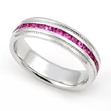 14k White Gold Channel set Pink Sapphire Eternity Milgrain Band Ring
