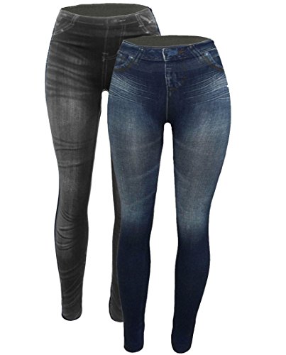 CLOYA Women's Denim Print Fake Jeans Seamless Full Length Summer/Spring Leggings (L/XL, Blue/Black Pack)