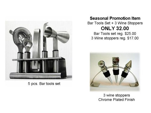 Jiminox 5 Pcs Bar Set PLUS 3 Wine Stoppers w/stand