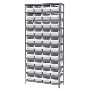 AKRO-MILS AS1279080 Powder Coated Steel Shelving Unit with 10 Shelves and 40 White 30080 ShelfMax Shelf Bins, 12-Inch D by 36-Inch W by 79-Inch H, Grey