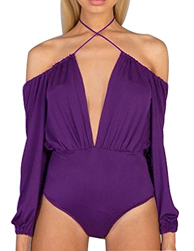 Allegrace Women Sexy String Halter Neck Bodysuit Off Shoulder Leotard Jumpsuit Purple S