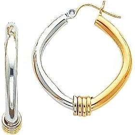 14K Two Tone Gold Fancy Hoop Earrings Jewelry New |D