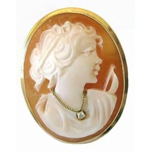 Diana, Cameo Pin Pendant 14k Gold Master Carved Carnelian Conch Shell by