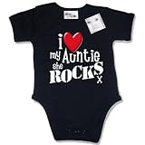 Dirty Fingers I Love my AUNTIE she Rocks x Baby & Toddler Short Sleeve Bodysuit / BabyGrow, 6-12 months, Black