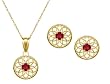 10k Yellow Gold, July Birthstone, Lab Created Ruby Floral Disc Earring and Pendant Set