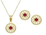 10k Yellow Gold, July Birthstone, Lab Created Ruby Floral Disc Earring and Pendant Set